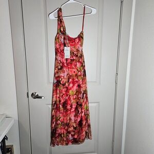 NEW Lara G. Silk Blend Midi Dress Small One-Shoulder‎ Abstract Lined Red Italy